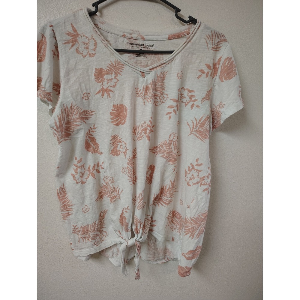The Sweatshirt Project Womens M Tropical Floral Tie Front Slub Knit Tee Pink